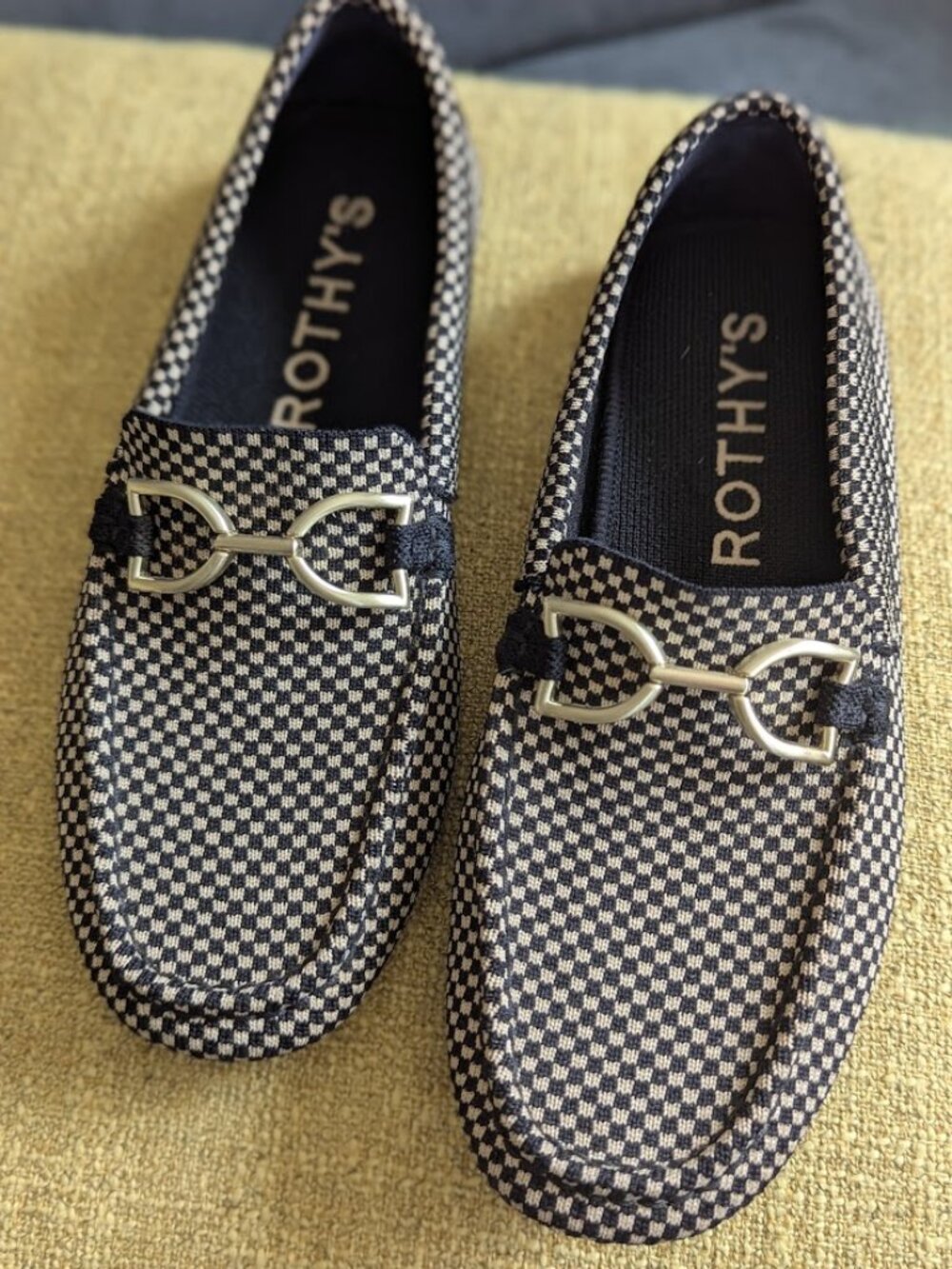 Rothy's Black & White Checkerboard Loafers with Gold Bit